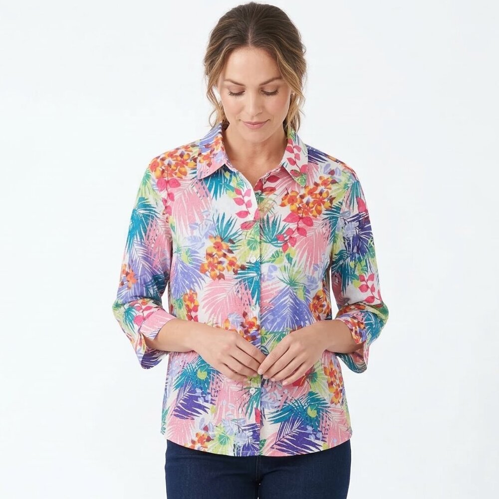 Alfred Dunner Blouse Button Up Pink Floral Tropical Summer 16P